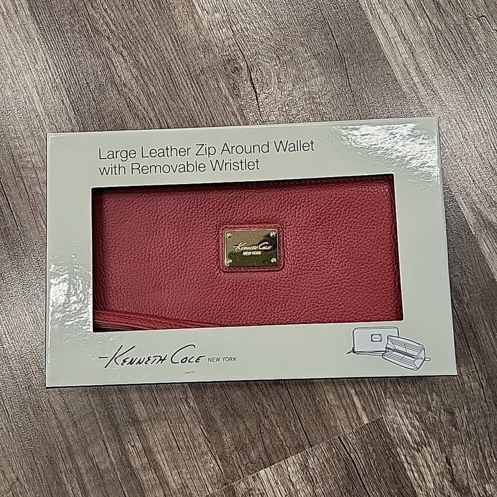 New in Box Kenneth Cole Large Red Leather Zip Around Wallet-Removable Wristlet